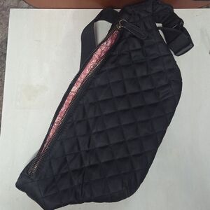 Maurices Black Quilted Crossbody Belt Bag with Pink Lining